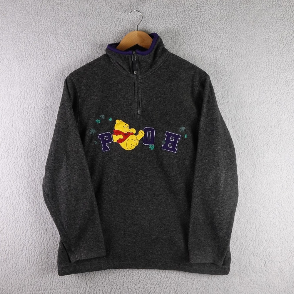 Disney‎ Winnie the Pooh Fleece Pullover Mens Medium Gray Quarter Zip Vintage 90s
